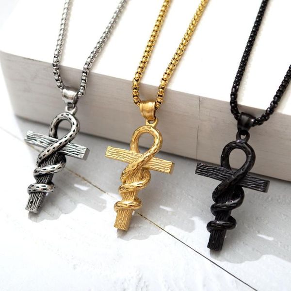 

brand men jewelry titanium steel men casting necklace fashion personality gothic exaggerated snake wrapped cross pendant gifts, Silver