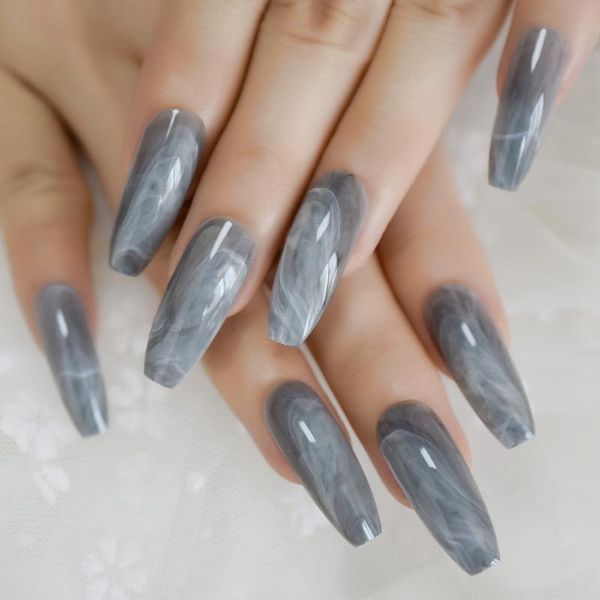 

marble fake nails extra long ballerina nails glossy stone pattern coffin shape false ladies shiny faux ongles, Red;gold
