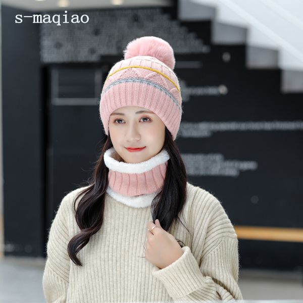 

brand winter knitted hats women thick warm beanie skullies hat female knit bonnet 2 sets wool caps 2020 new outdoor riding sets, Blue;gray