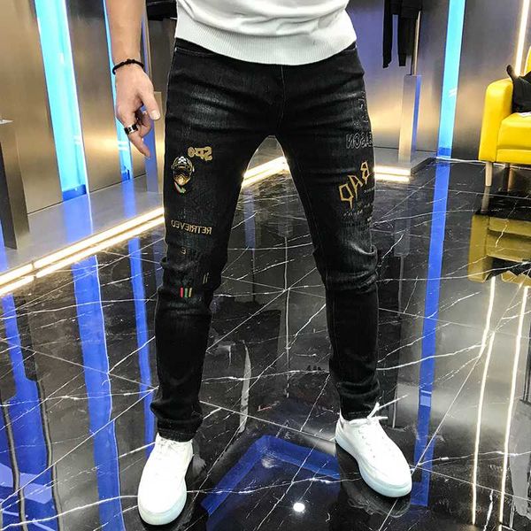 

men's jeans autumn / winter 2021 slim fitting personalized letter cartoon embroidery small feet elastic black trousers, Blue