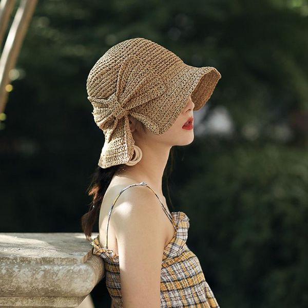 

summer bow sun hat floppy hats women beach straw dome bucket hat, Blue;gray