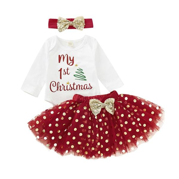 

christmas clothes newborn infant baby girls clothes my 1st christmas print rompers +dots skirt headband 3pcs set outfit, White