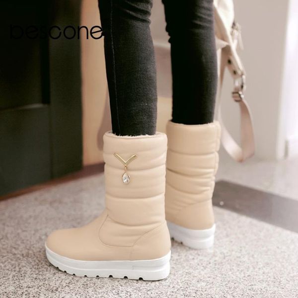 

bescone winter mid-calf boots microfiber matel decoration solid slip-on comfortable round toe flat heel women's snow boots bm279, Black