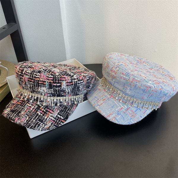 

stingy brim hats 202107-cy036 autumn water drop rhinestone chain blend plaid leisure octagonal hat men women visors cap, Blue;gray