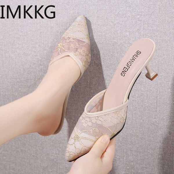 

high heels women mesh slippers sandals slip on pointed toe thin heels mules office ladies work shoes slippers pumps y10253, Black