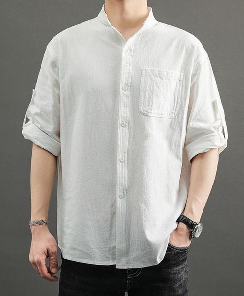 

2020 summer men's fashion simple cotton linen loose design shirt large size, White;black
