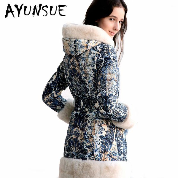 

ayunsue real rex fur hooded women's winter down jacket woman coat female floral thick warm duck down parkas abrigos 8677, Black