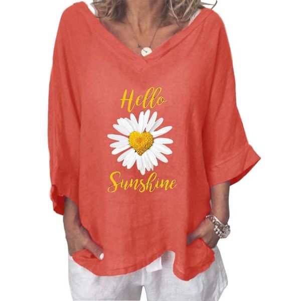 

women's t-shirt casual winter autumn plus size sunflower print women clothing long sleeve v-neck female 2021 loose tees tshirts, White