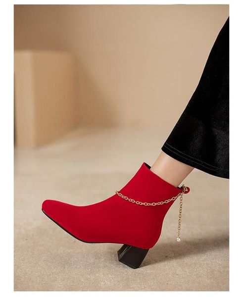 

shoes women's boots autumn red woman booties round toe low heels booties rubber ankle ladies cotton fabric rome flock, Black