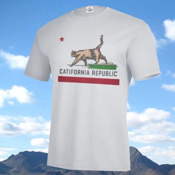 

casual printing tee new catifornia re shirt, california state flag parody cat & litterbox man t-shirt