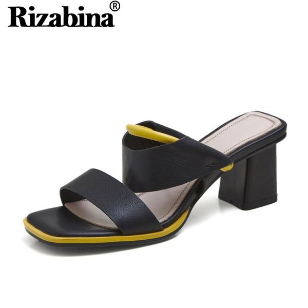 

rizabina women sandals shoes fashion square high heels slippers shoes women real genuine leather casual footwear size 34-39, Black