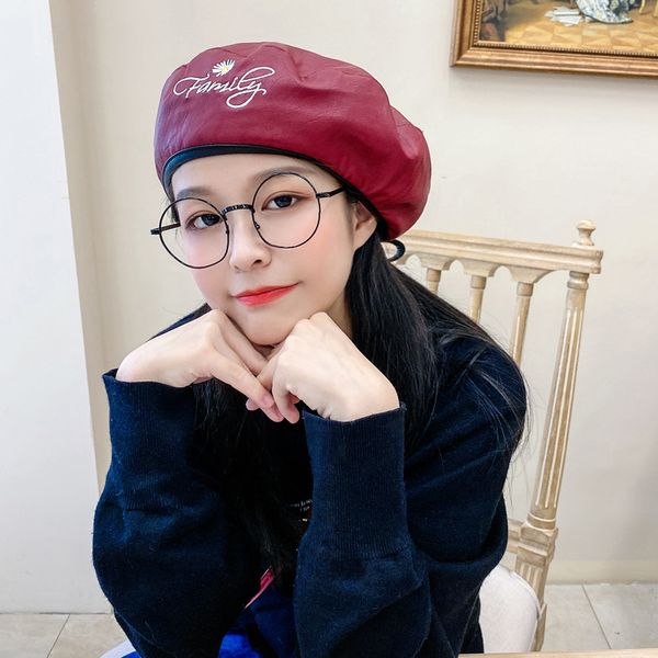

berets 2021 fashion leather beret ladies hats solid color flat embroidery flowers painter hat pu slouchy bone cap, Blue;gray