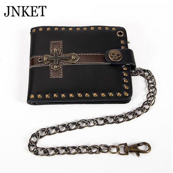 

jnket punk men's short wallet crucifix skull wallet pu leather money clip folding clutch detachable metal chain, Red;black