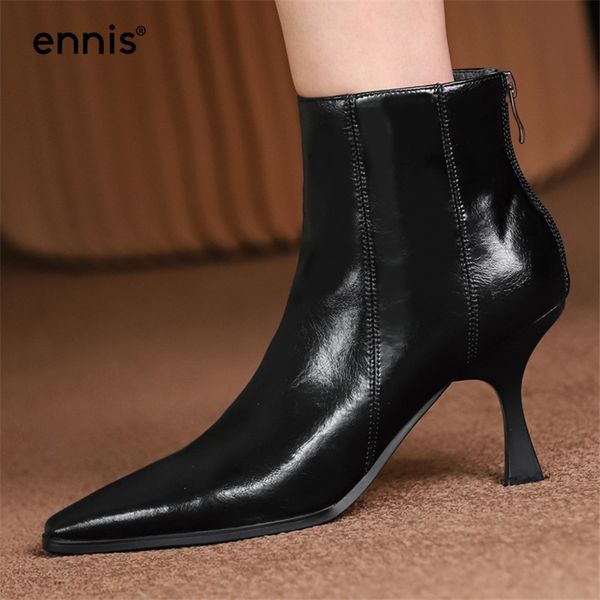 

ennis 2020 super high heels boots women genuine leather ankle boots stiletto heel pointe zipper booties black autumn shoes a0263