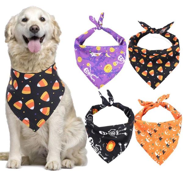 

qinju 4pcs pet bandanas halloween scarf triangle bibs with pumpkin skull ghosts bat printed for small medium large cats and dogs, Blue;gray