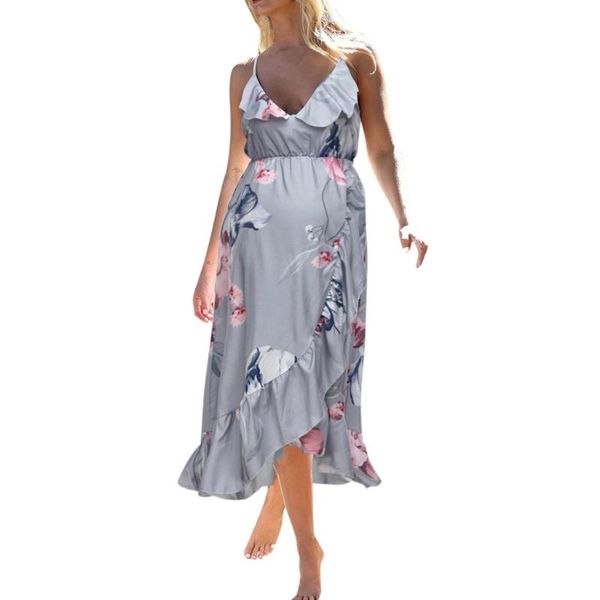 

women maternity sleeveless casual flower print ruffle dress pregnanty sundress fashion for pregnant women, White