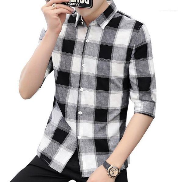 

summer single breasted casual shirt man plus size clothes mens plaid mid sleeve shirts men fashion lapel neck, White;black