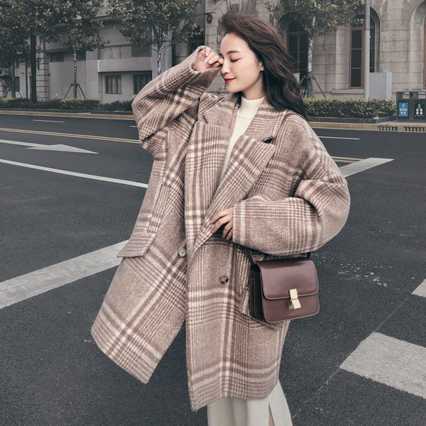 

women's wool & blends double-breasted woolen cloth coat woman autumn and winter style the korean version grid fashion casual, Black