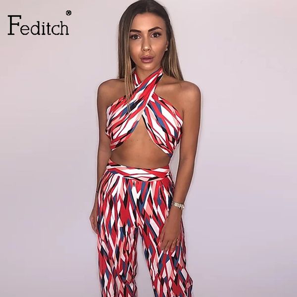 

feditch summer beach 2 pieces set for women off shoulder striped print femal sets bow tie crop and long pants casual suits, Gray
