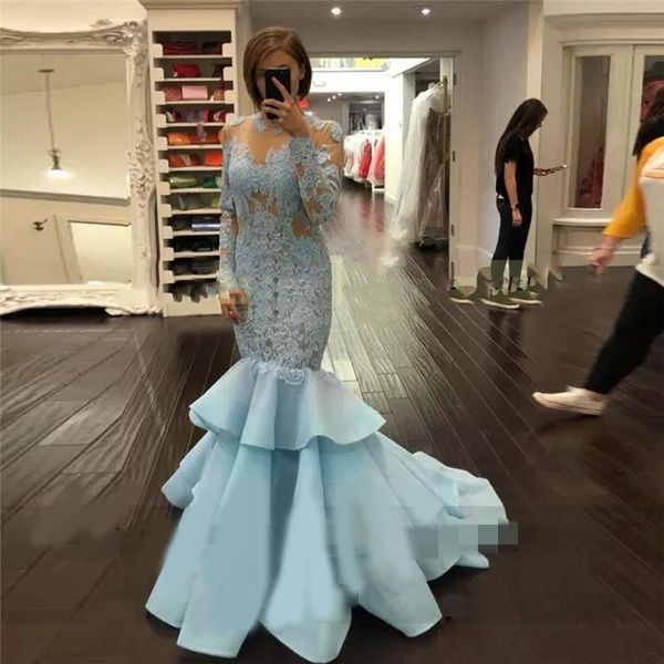 

light blue mermaid evening dresses sheer illusion neck long sleeves lace prom gowns tiered skirt formal women evening gown vestido de festa, Black;red