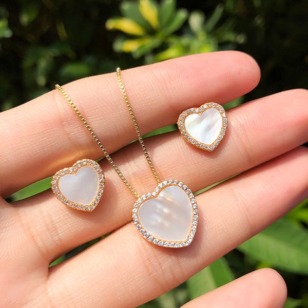 

earrings & necklace 2021 gold copper heart seashell white cubic zirconia women's wedding party fashion jewelry sets gift, Silver
