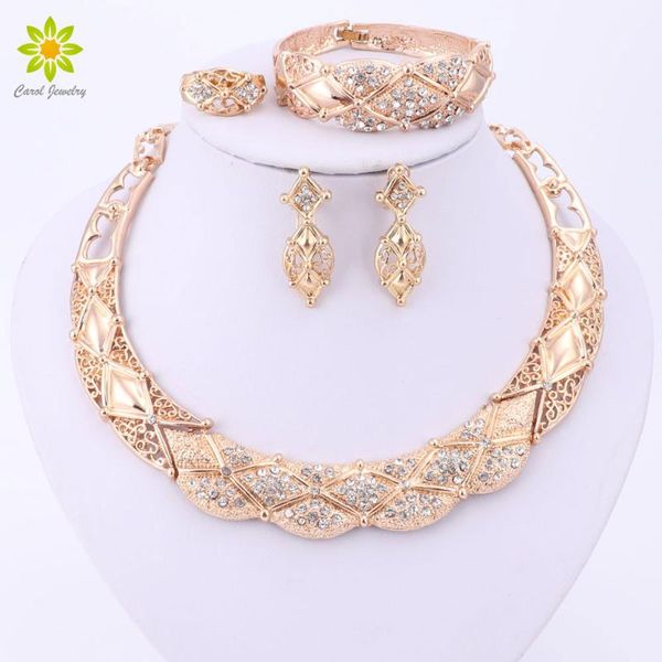 

bridal crystal necklace earrings bracelet african beads jewelry sets for women gold color wedding accessories, Silver
