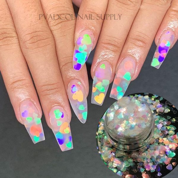 

3d glitter nail art illuminated iridescent rainbow hearts shape nail sequins flakes mix shining glitters acrylic gel decoration, Silver;gold