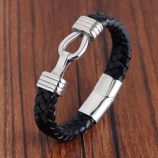 

charm bracelets punk men black braided leather bracelet stainless steel magnetic buckle simple style fashion wristband male jewelry gifts, Golden;silver