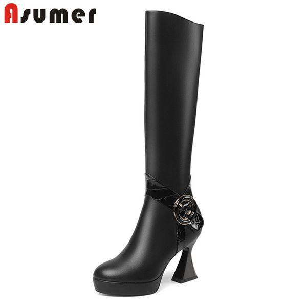 

asumer 2020 knee high boots women genuine leather unique high heels party wedding shoes warm fashion winter boots woman, Black