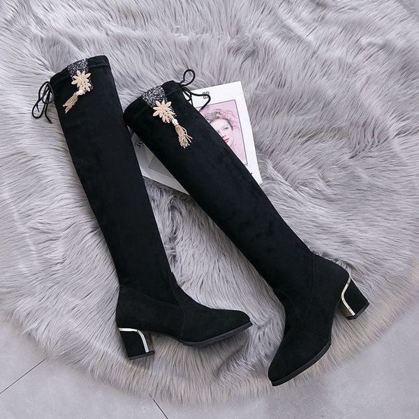 

2020 high boots woman knight boots over the knee women winter shoes elastic cashmere flock tassels square heel footware female, Black