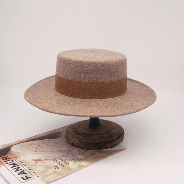 

brown colorblock jazz hat men and women flat winter wool felt hat, Blue;gray