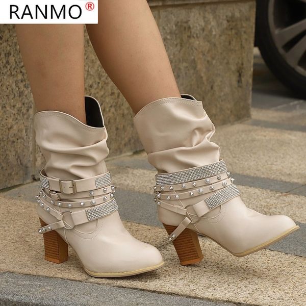 

2020 new fashion autumn women boots women's rivet bucklerhinestones boots women's mid-calf short down heel, Black