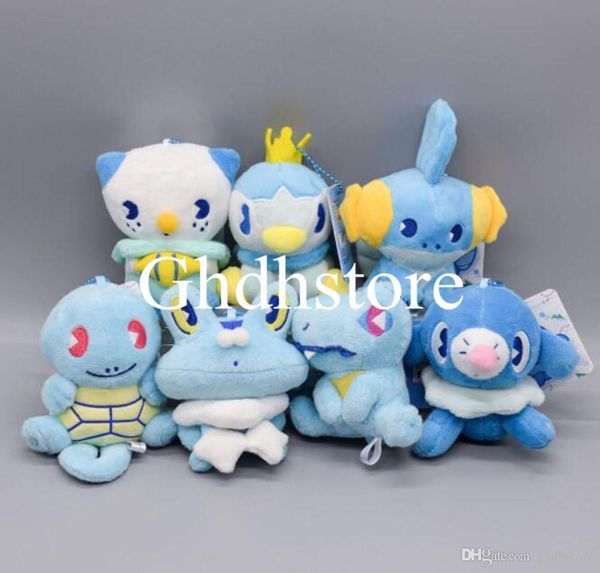 

hot new 7pcs / lot 4" 10cm squirtle froakie piplup totodile mudkip popplio oshawott плюшевые куклы аниме фаршированная брелки подвески мягки