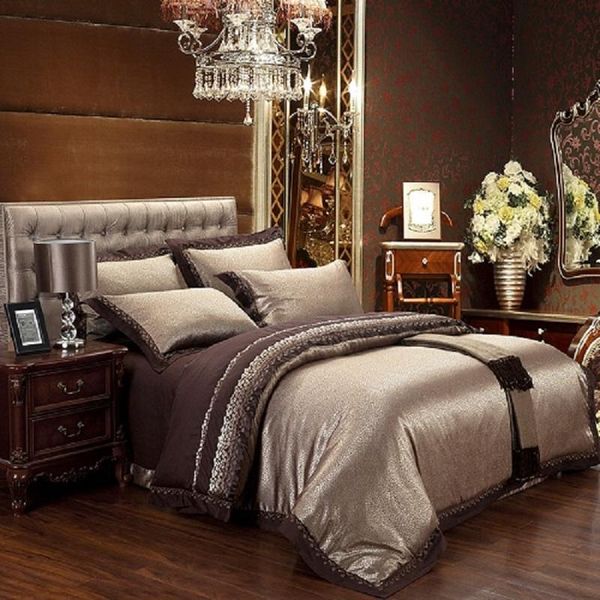 

coffee blue luxury silk jacquard cotton bedding sets/bedclothes  king size 4/6 pcs duvet cover bed linen sheet set pillow