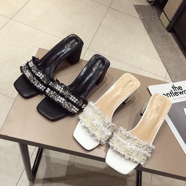 

beast2020 chic with coarse pearl woman summer outside clothes fairy cool slippers, Black