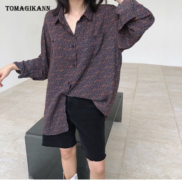 

blouses shirts women floral print buttons loose blouse ladies vintage casual turn down collar long sleeve blusas femme, White