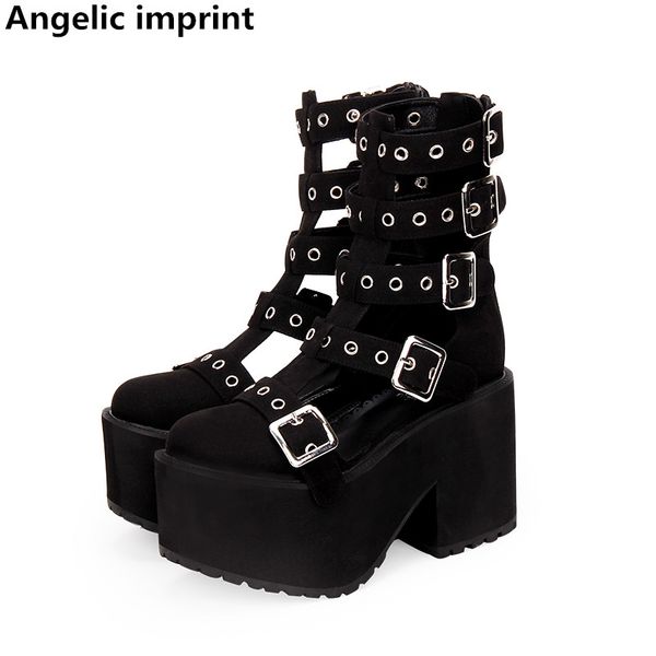 

angelic imprint mori girl women punk motorcycle shoes lady lolita ankle boots woman high trifle heels pumps summer sandals 10cm, Black
