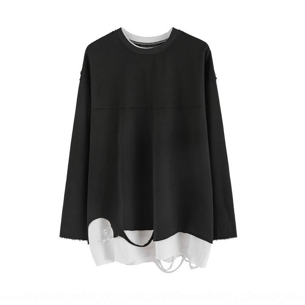 

fake two-piece hole hem round neck men's contrast color stitching hiphop sweatersweater sweater high street base shirt yvzqh, Black
