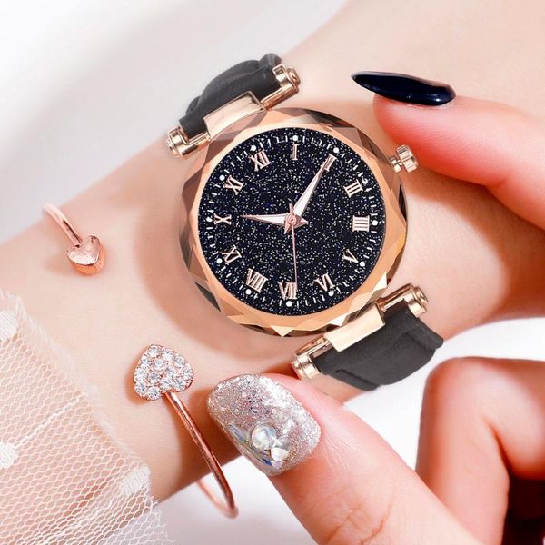 

women watch fashion leather band ladies quartz wrist watch starry sky round dial roman number rhinestone leather band, Slivery;brown