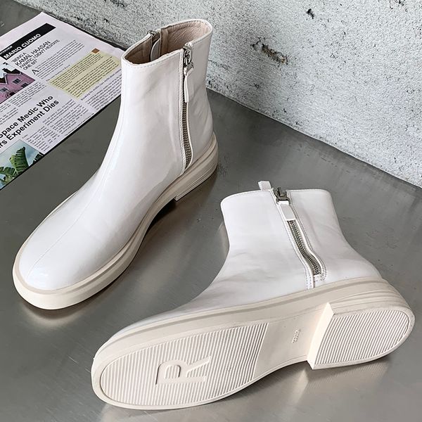 

2020 winter women round toe ankle boots zippers beige boots soft leather or patent leather black short ladies party shoes