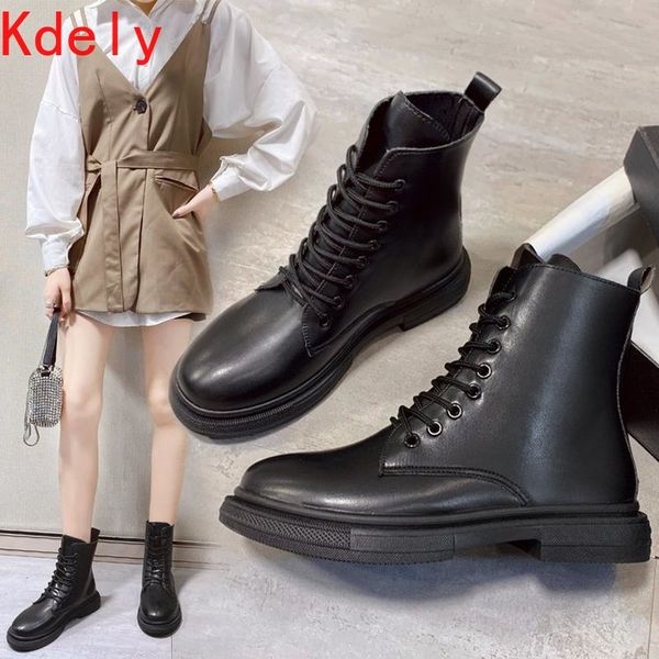 

2020 women leather shoes for winter boots shoes woman casual genuine leather botas mujer female laces ankle boots, Black