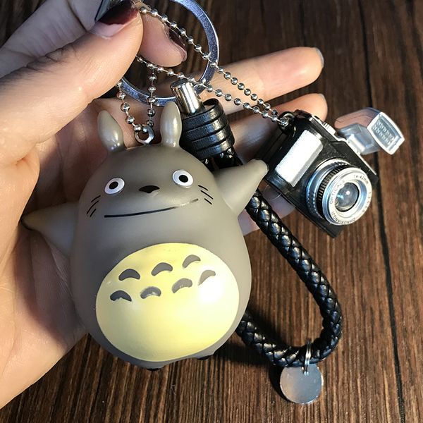 

cute totoro keychain leather rope pompom porte clef women bag car key chain led key chains fur keychain keyring charm, Silver