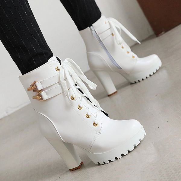 

roman british style lace up ankle boots platform high heel short boots women black/white shoes