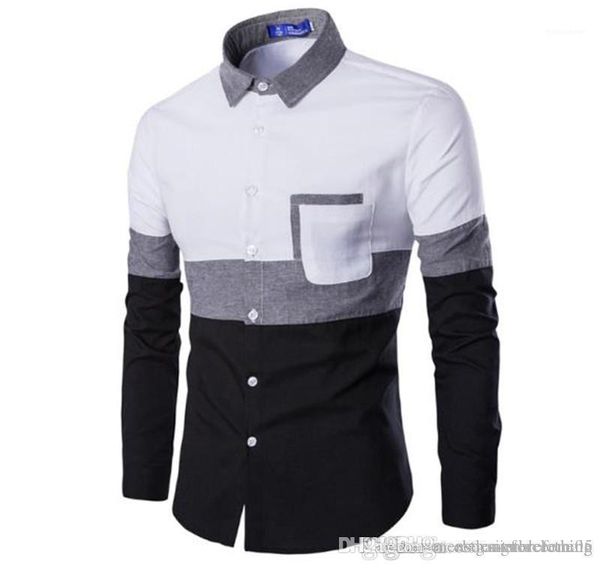 

neck long sleeve mens casual shirts spring skinny teenager fashion shirts patchwork color designer mens shirts lapel, White;black