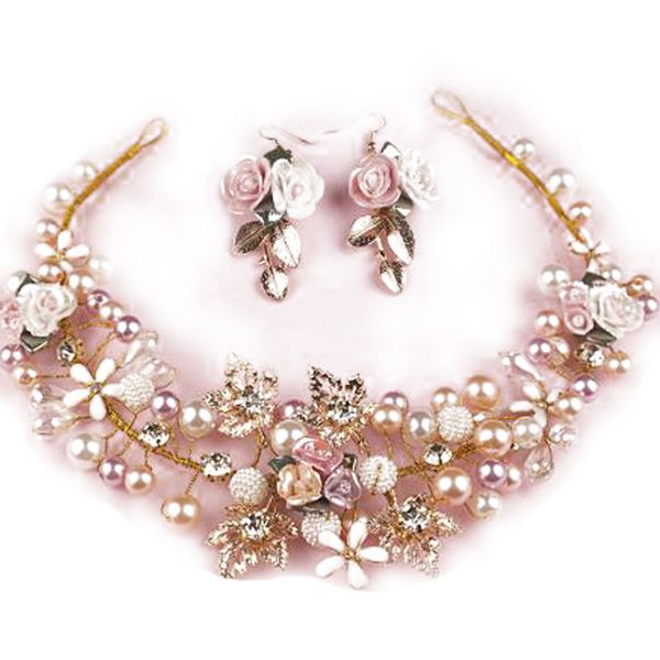 

handmade цветок заставка наборов свадебного pearl кристалл для невесты заставки аксессуары для волос ювелирных изделий с серьгой, Golden;silver