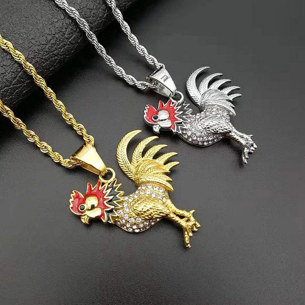 

hip hop rhinestones paved bling iced out stainless steel cock rooster pendants necklace for men rapper jewelry drop shipping, Silver