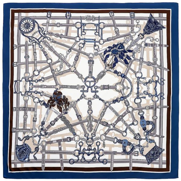

luxurious 130*130cm silk scarf women's fashion chain print large square satin headscarf soft shawl foulard femme vintage scarves, Blue;gray