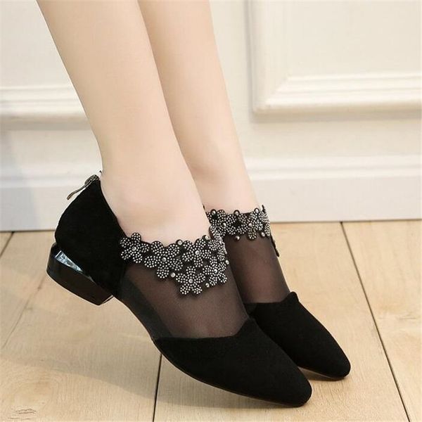 

summer mesh pointed sandals high heels cutout single shoes women shoes woman leather large size pumps gauze mujer a779, Black