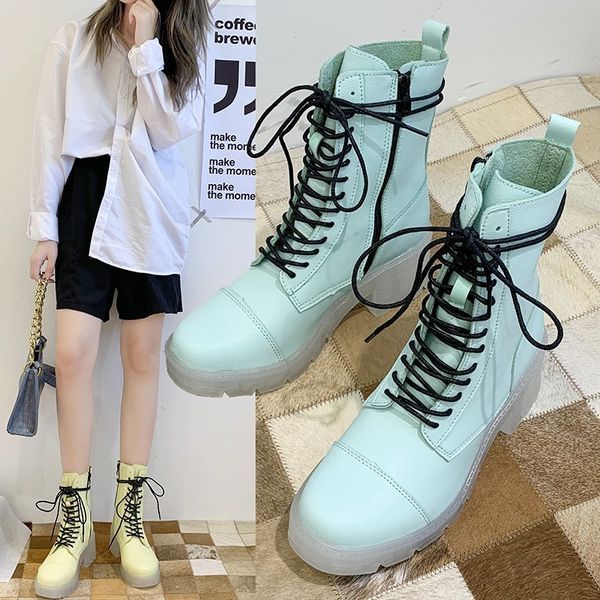 

2020 fashion women ankle boots leather leisure botines mujer candy colors martin boots thick heels round head shoes, Black