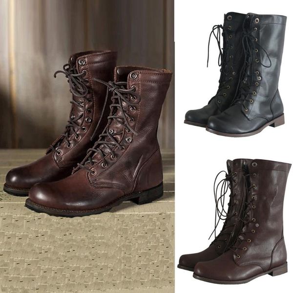 

boots men women flats round toe low-heeled lace-up shoes western leather motorcycle middle tube plus size 43, Black